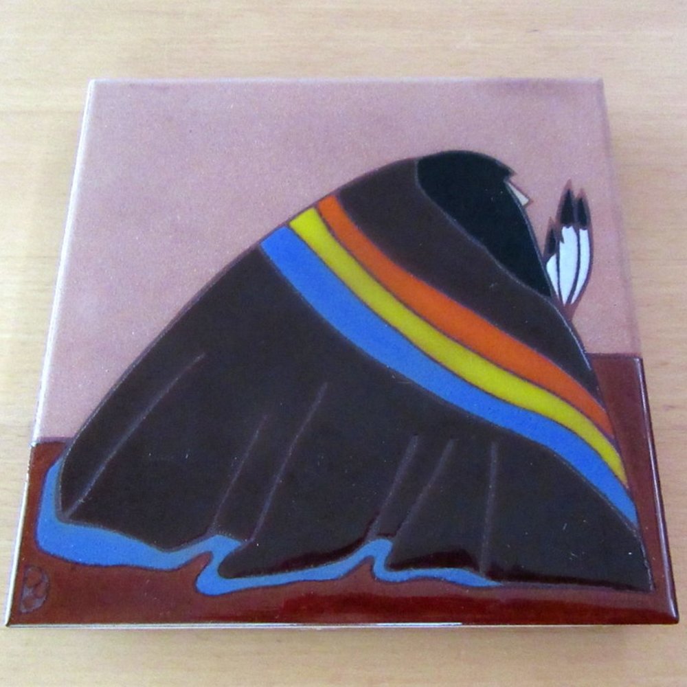 Vintage handpainted ceramic tile Native American cork backed trivet, wall decor